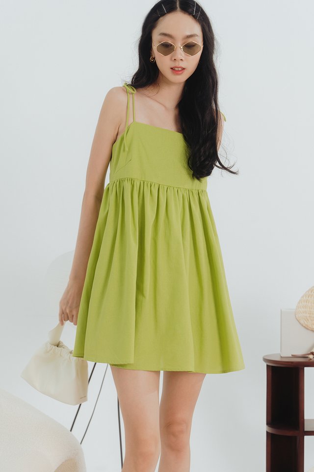 LUCIUS TIE BABYDOLL PLAYSUIT DRESS IN LIME