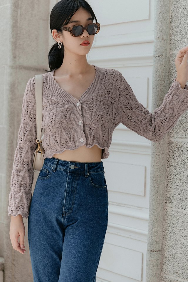 CARLY WAVY KNIT CARDIGAN IN MAUVE PINK