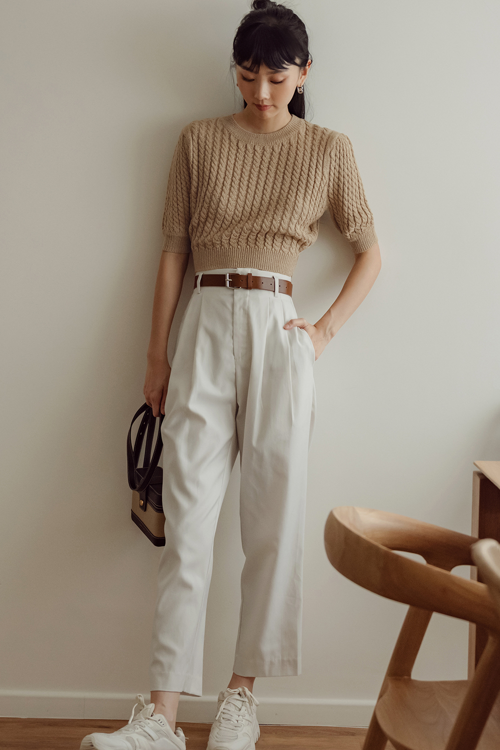 TREV BELTED CHINOS IN IVORY BEIGE | Fash Mob