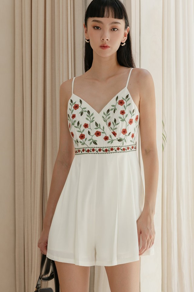 CARI EMBROIDERY PLAYSUIT IN WHITE