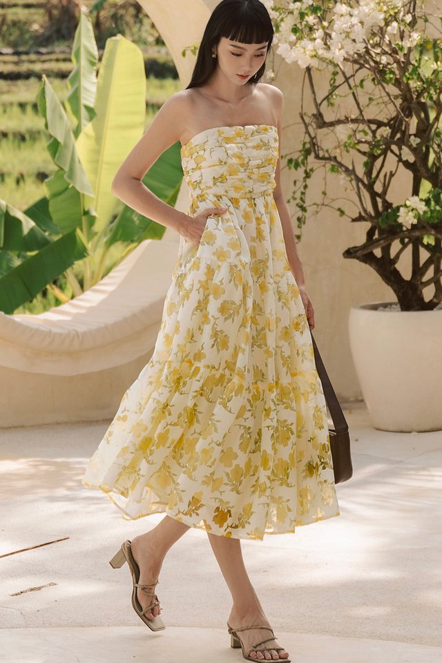DELPHINE RUCHED ORGANZA MAXI IN YELLOW