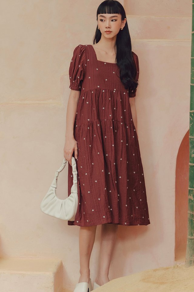 SADIE HEARTS EMBROIDERY MIDI IN ROSE RED