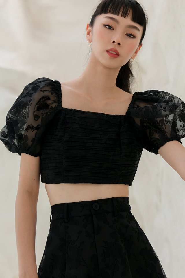 VALENE ORGANZA RUCHED TOP IN BLACK