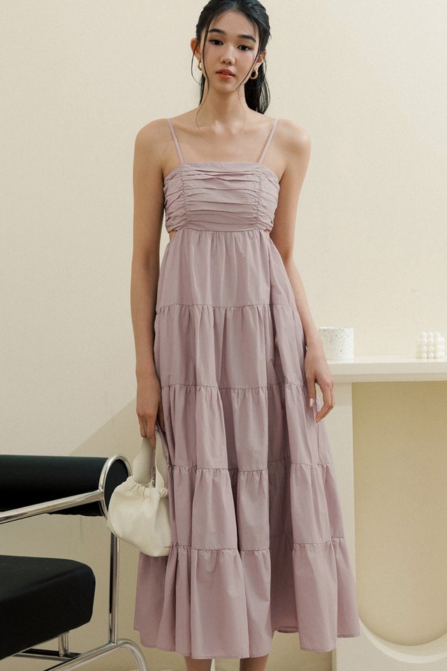 MARGUERITE RUCHED CUT-OUT MAXI IN LILAC PINK