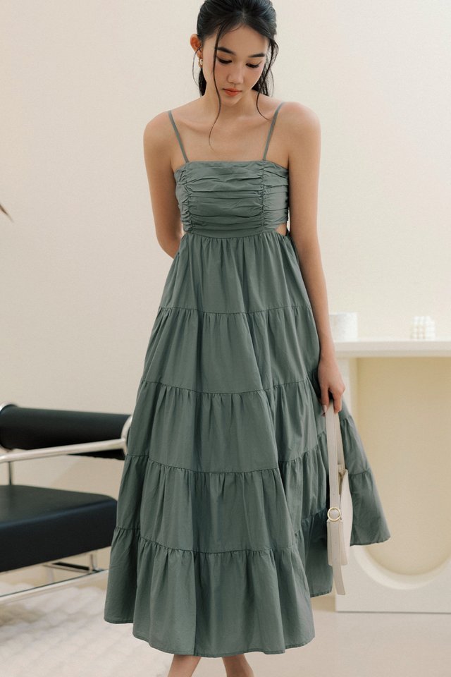 *PRE-ORDER* MARGUERITE RUCHED CUT-OUT MAXI IN SAGE