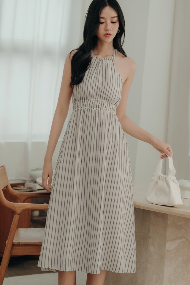 ELLERY STRIPE LINEN MIDI IN ECRU