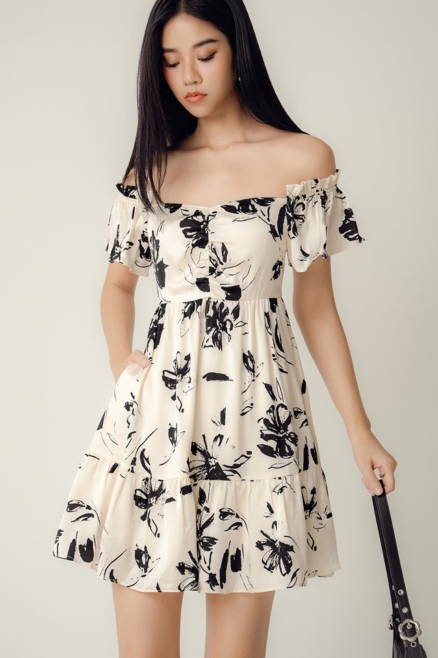 CLARA OFF-SHOULDER SATIN DRESS IN IVORY