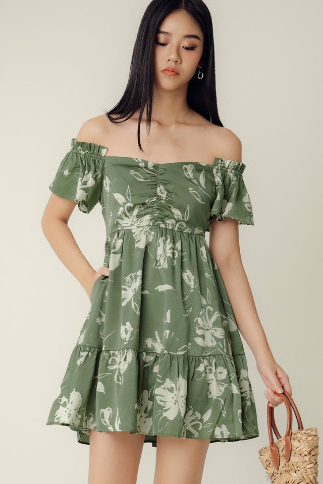 CLARA OFF-SHOULDER SATIN DRESS IN SAGE