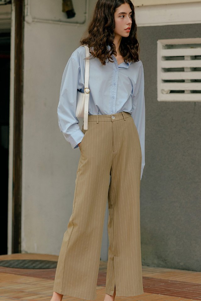 LEORA STRIPE SLIT PANTS IN KHAKI