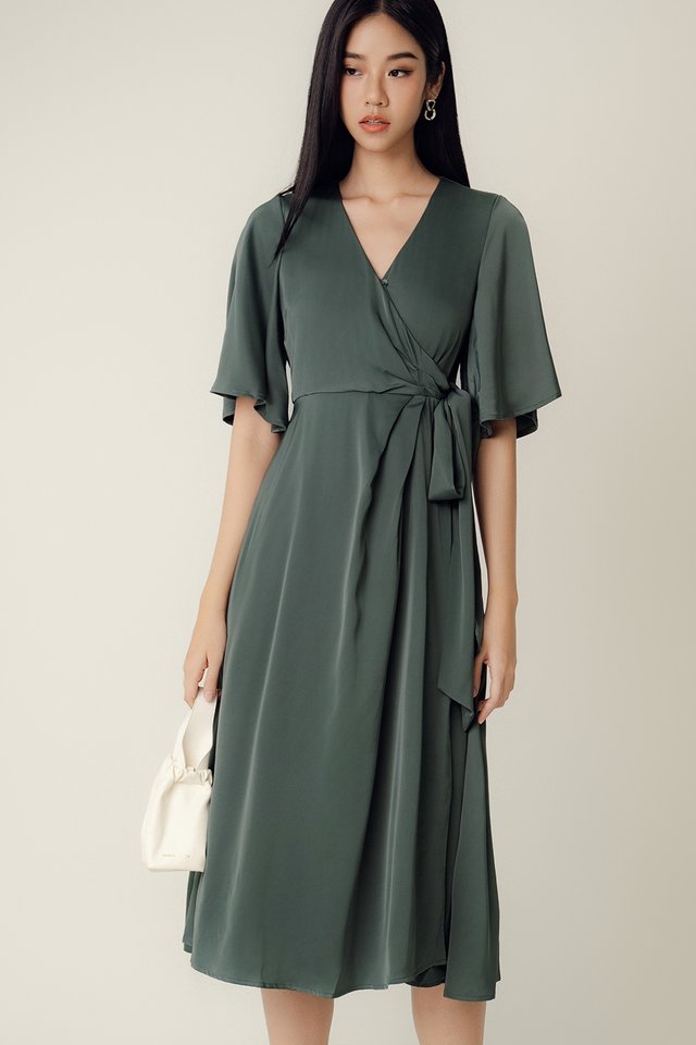 LYDA SATIN WRAP MIDI IN DUSK SAGE