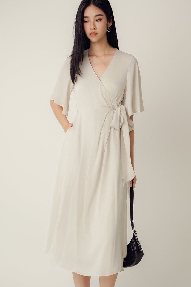 LYDA SATIN WRAP MIDI IN IVORY BEIGE