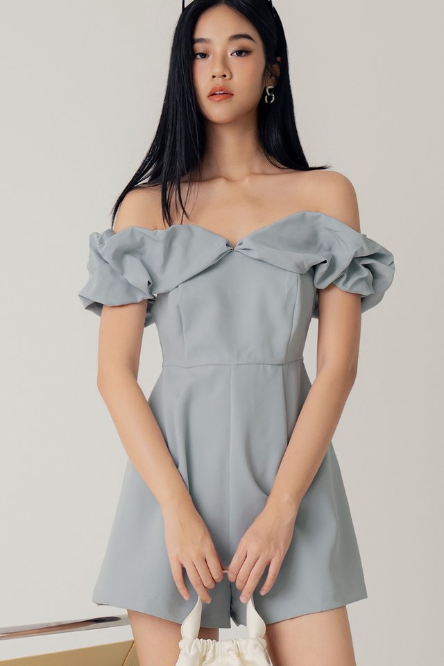 COLLIER OFF SHOULDER PLAYSUIT IN BABY BLUE