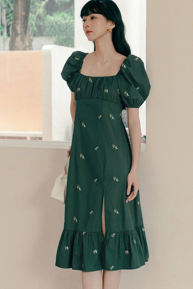 DALLYN EMBROIDERY SLIT MIDI IN FOREST