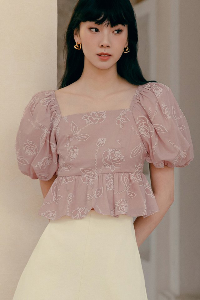 JOLIE EMBROIDERY PEPLUM TOP IN PINK