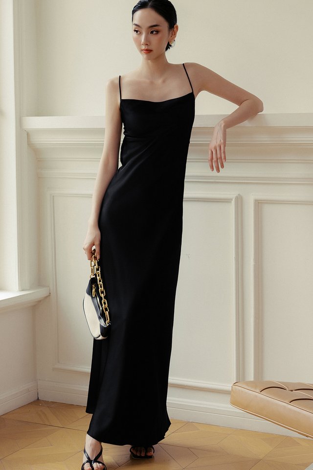 KEIRA SATIN TIE BACK MAXI IN BLACK