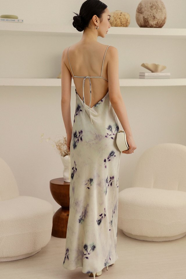 KEIRA FLORAL SATIN TIE BACK MAXI IN CHAMPAGNE