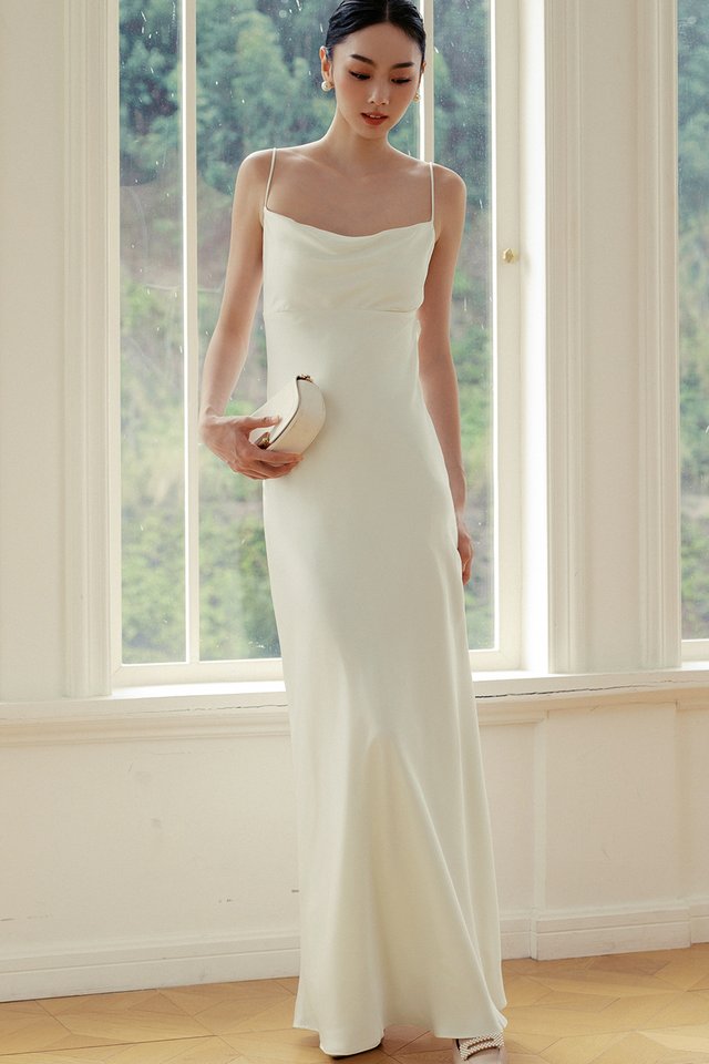 KEIRA SATIN TIE BACK MAXI IN PEARL