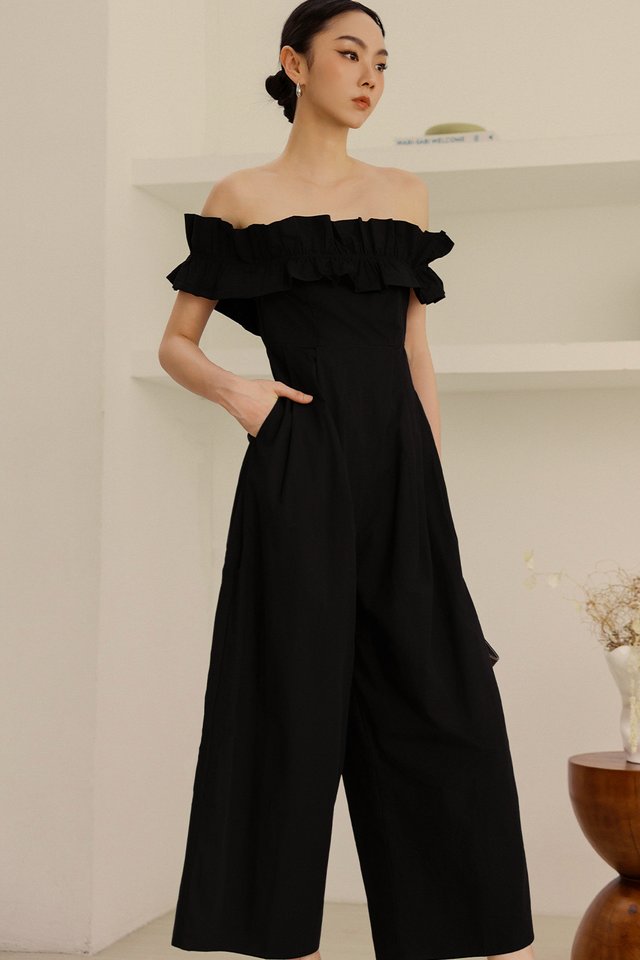 MYKA OFF SHOULDER JUMPSUIT IN BLACK