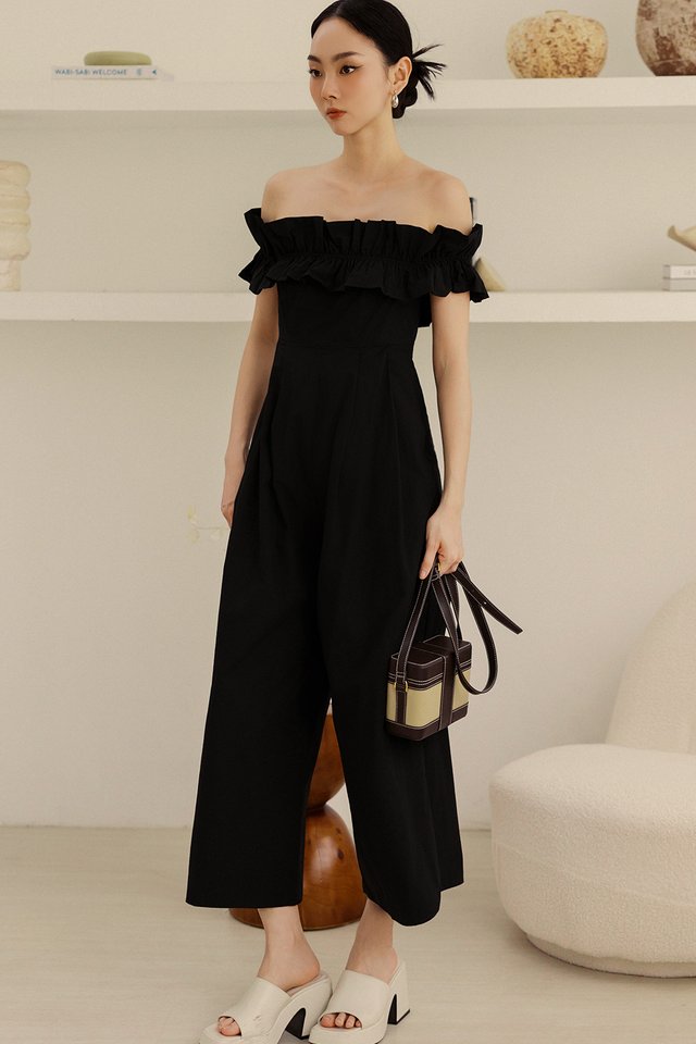 MYKA OFF SHOULDER JUMPSUIT IN BLACK