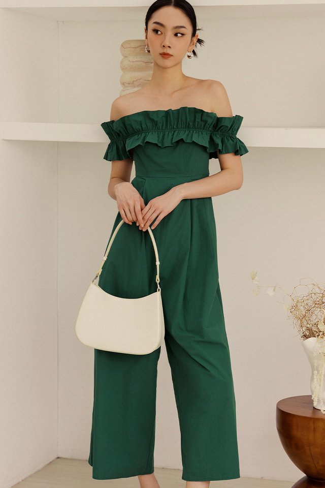 MYKA OFF SHOULDER JUMPSUIT IN FOREST