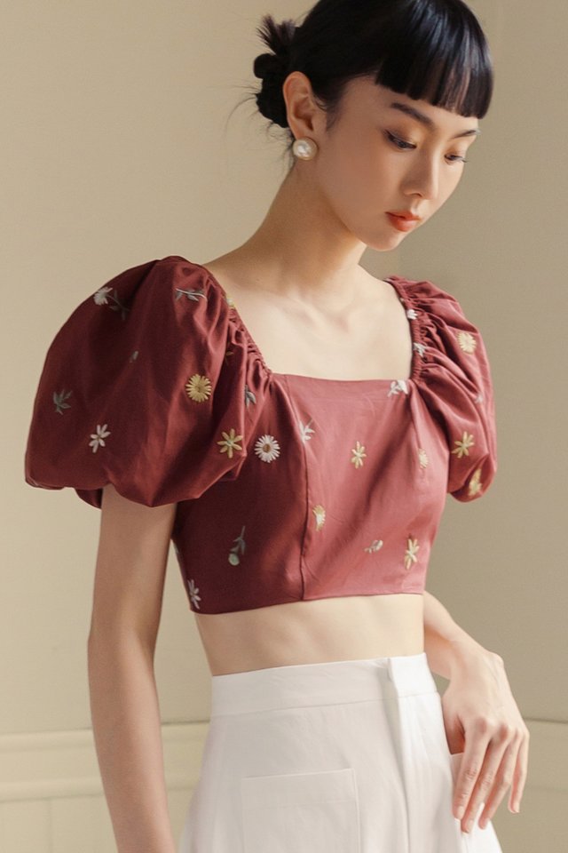 ELISA EMBROIDERY TOP IN DARK CHERRY