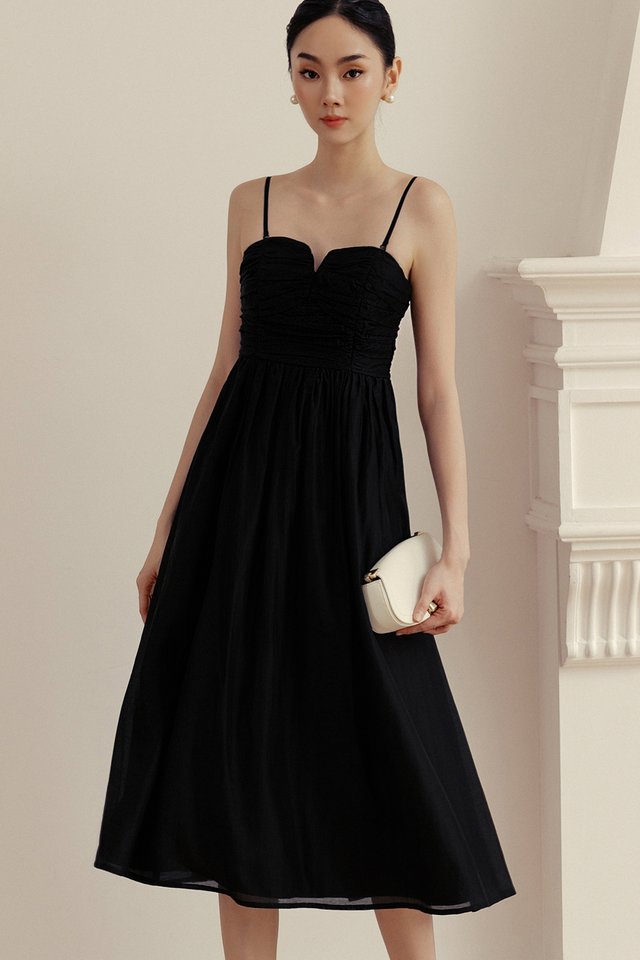 RANDY RUCHED TENCEL MIDI IN BLACK