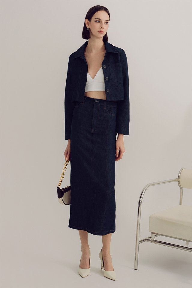 WREN DENIM SLIT MAXI IN BLUE