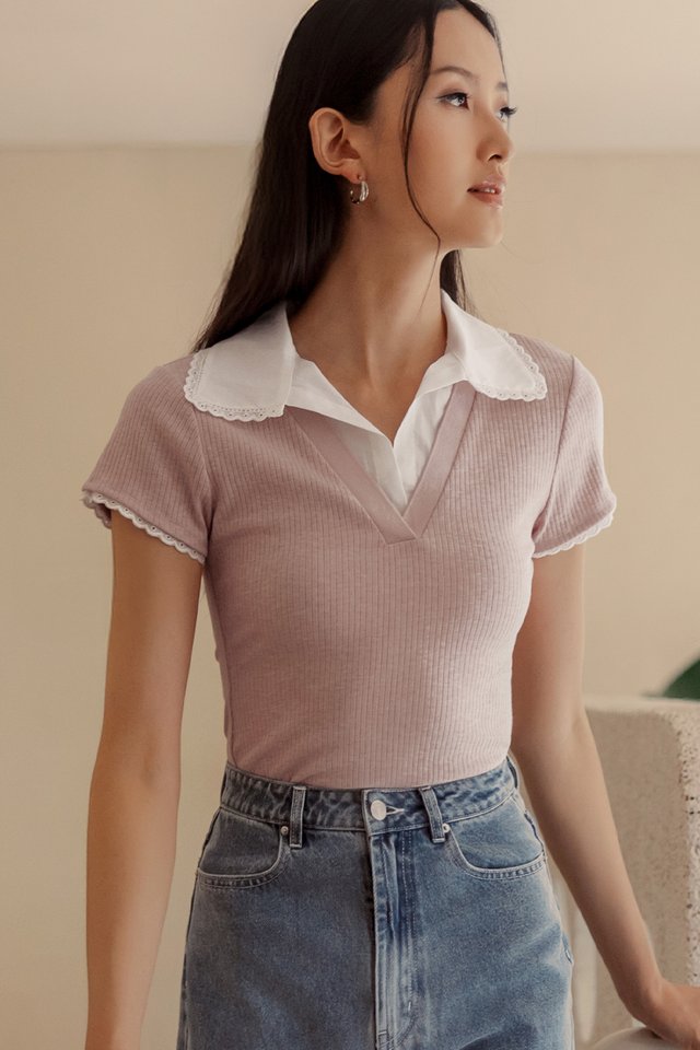 HAMPTON POLO RIBBED TOP IN BLUSH