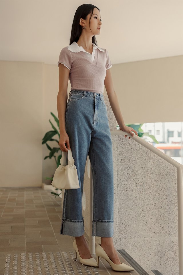 HAMPTON POLO RIBBED TOP IN BLUSH