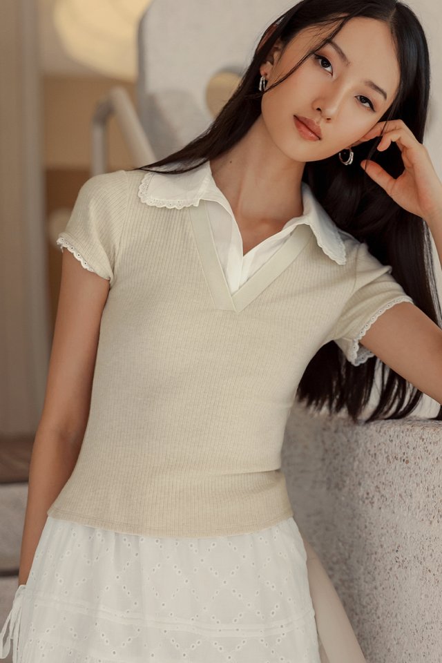 HAMPTON POLO RIBBED TOP IN OATMEAL