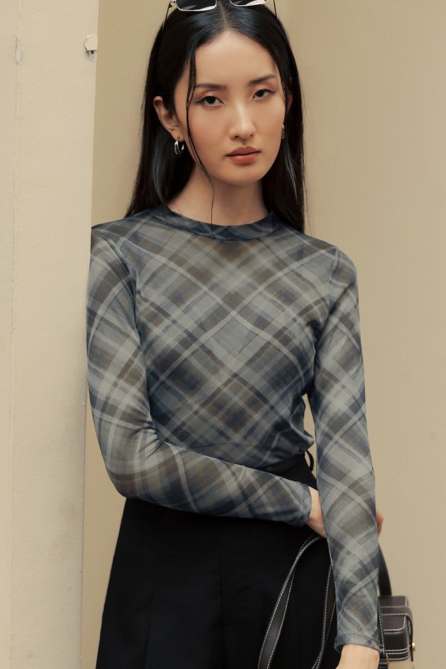 SCOTTIE PLAID TULLE TOP IN BLUE