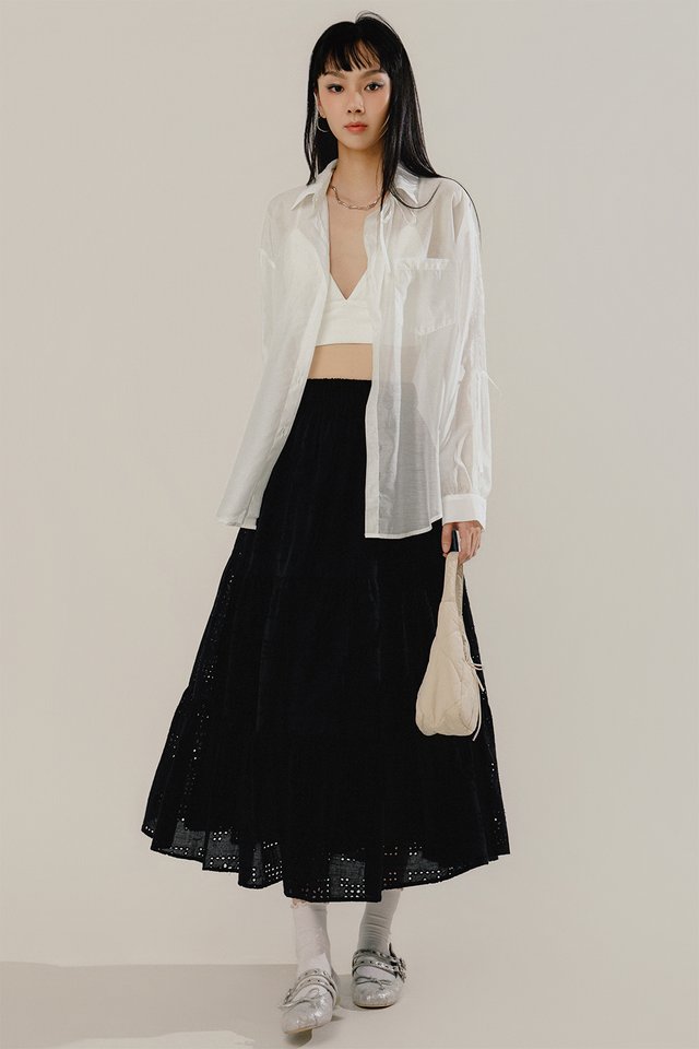 LEIA EMBROIDERY TIERED MAXI SKIRT IN BLACK