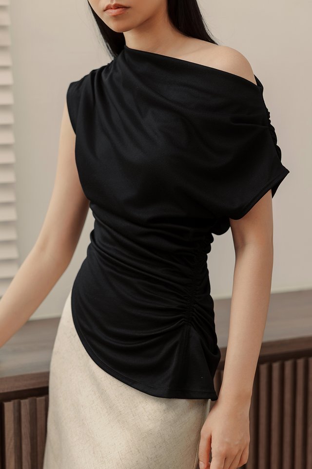LOUIE ASYMMETRICAL RUCHED TOP IN BLACK