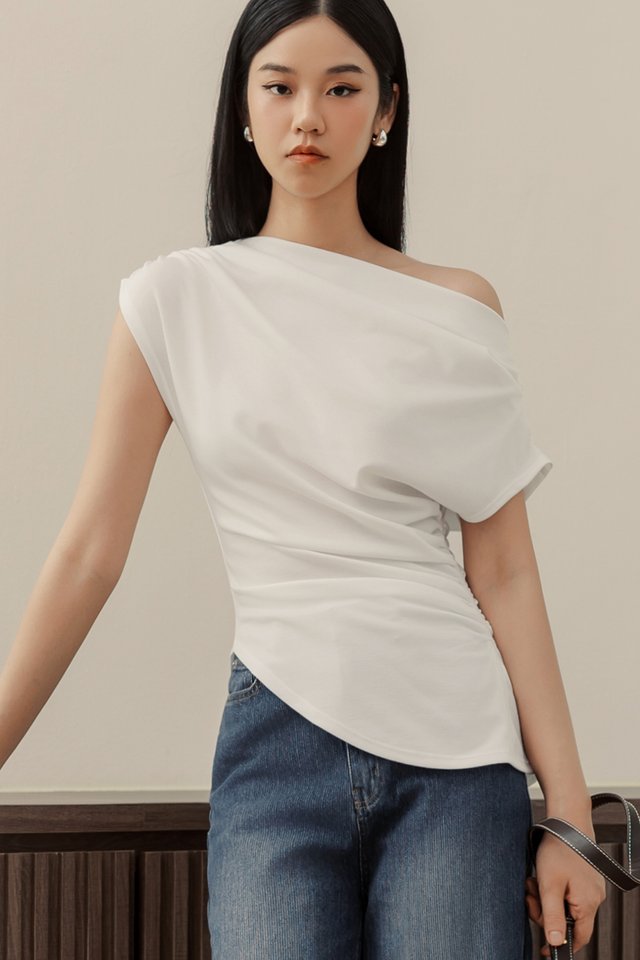 LOUIE ASYMMETRICAL RUCHED TOP IN WHITE