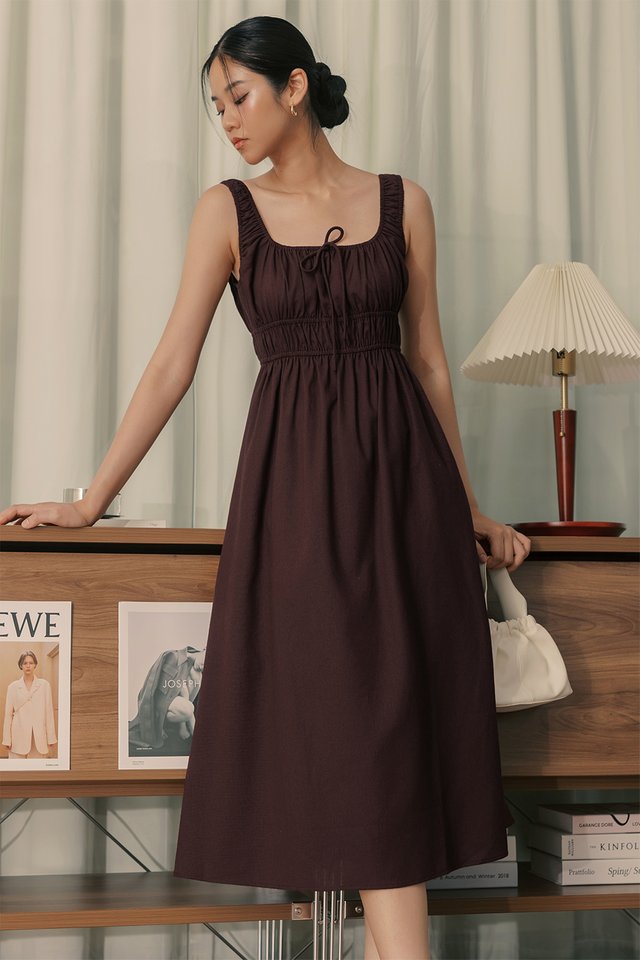 MAUI LINEN MIDI IN DARK MAHOGANY