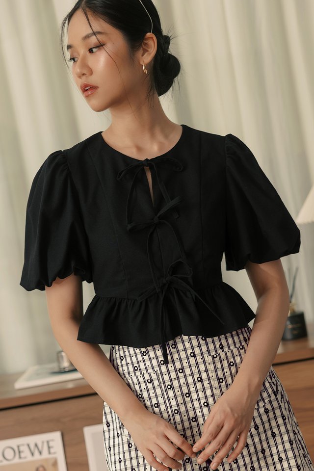 MOLLY RIBBON LINEN TOP IN BLACK