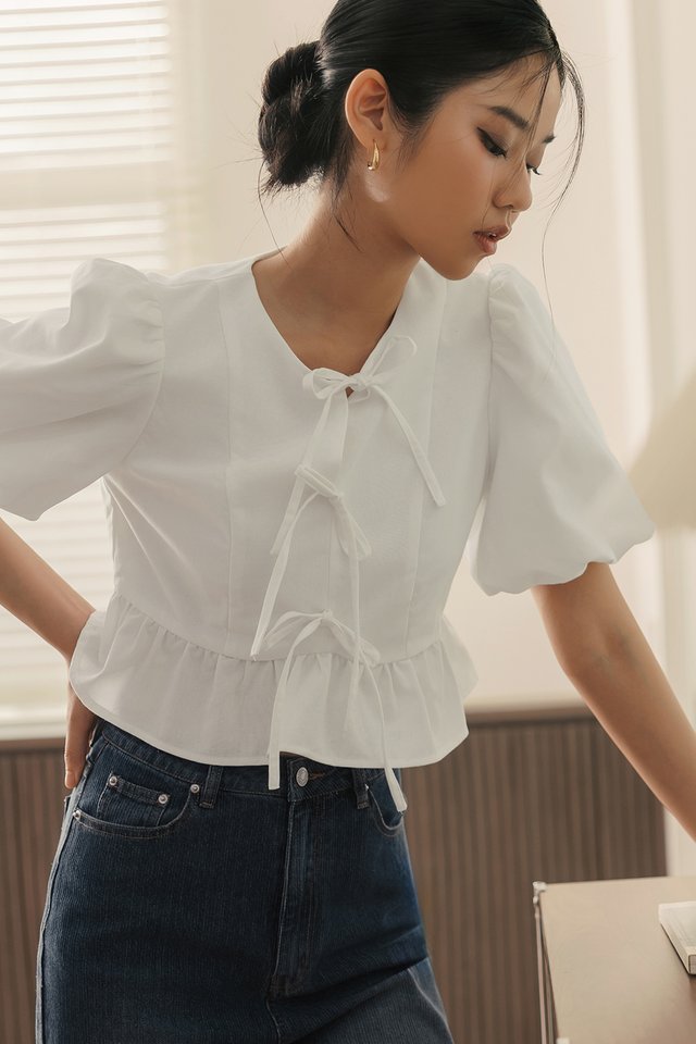MOLLY RIBBON LINEN TOP IN WHITE