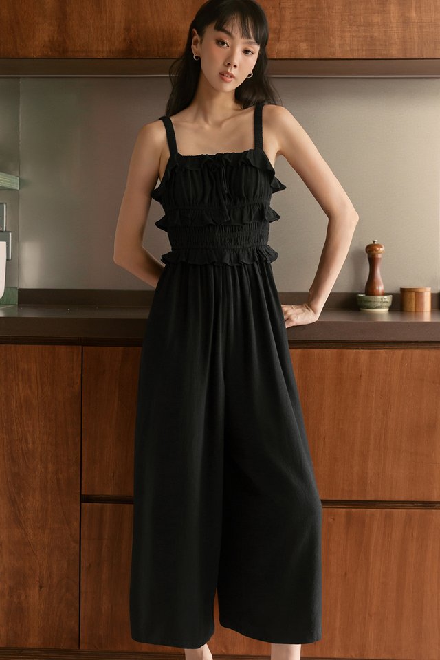 PORTO RUFFLE LINEN JUMPSUIT IN BLACK