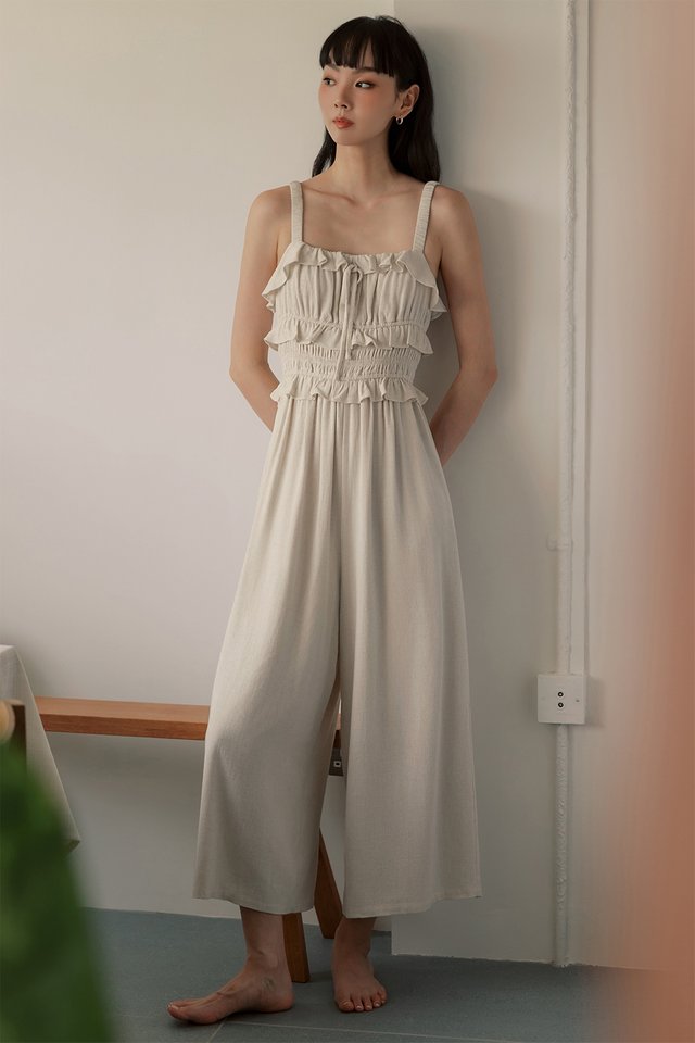 PORTO RUFFLE LINEN JUMPSUIT IN OAT