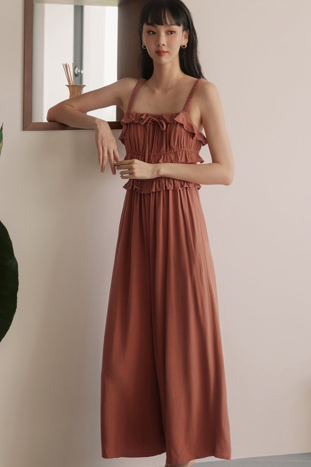 PORTO RUFFLE LINEN JUMPSUIT IN SUNSTONE