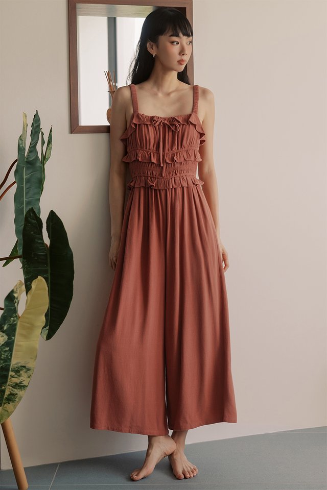 PORTO RUFFLE LINEN JUMPSUIT IN SUNSTONE
