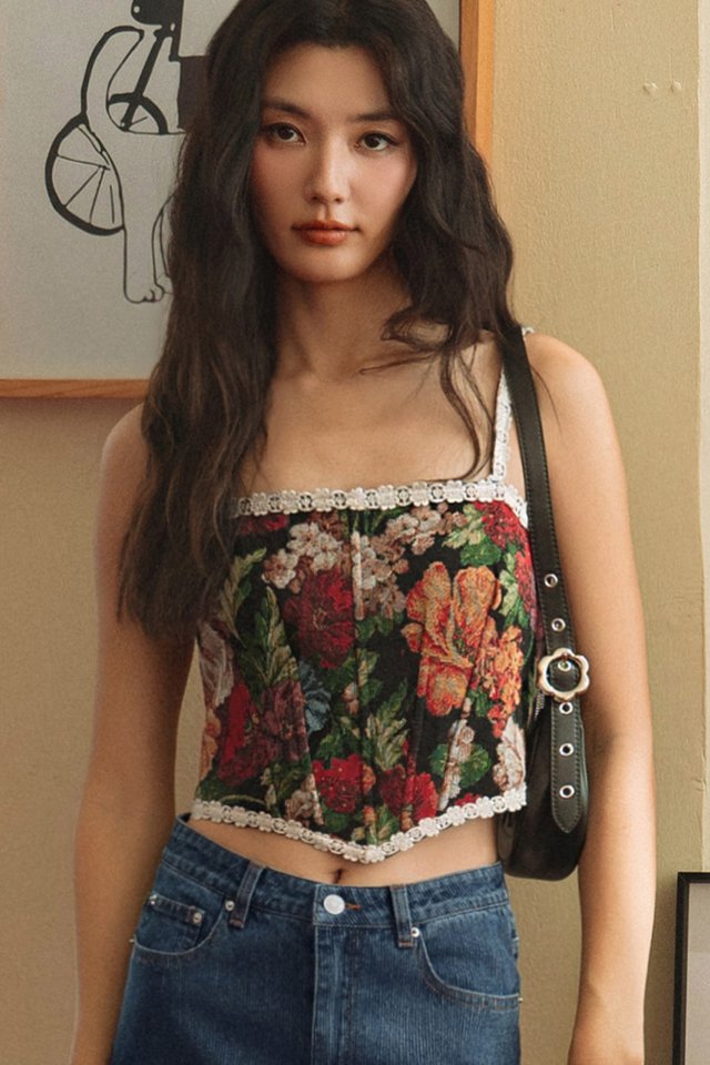 BRIDGET CORSET BROCADE TOP IN BLACK