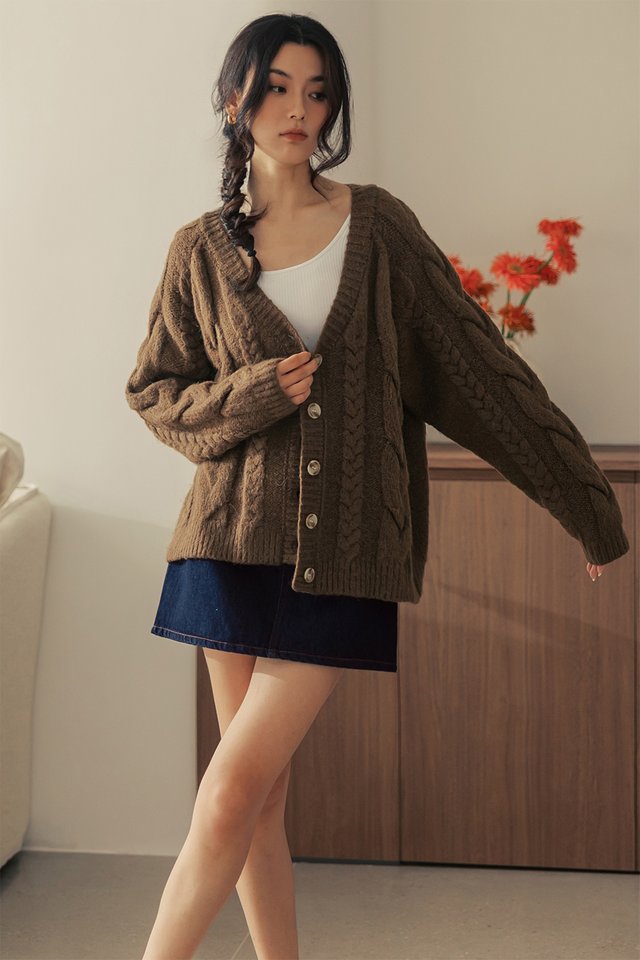 BRODIE WOOL KNIT CARDIGAN IN COFFEE