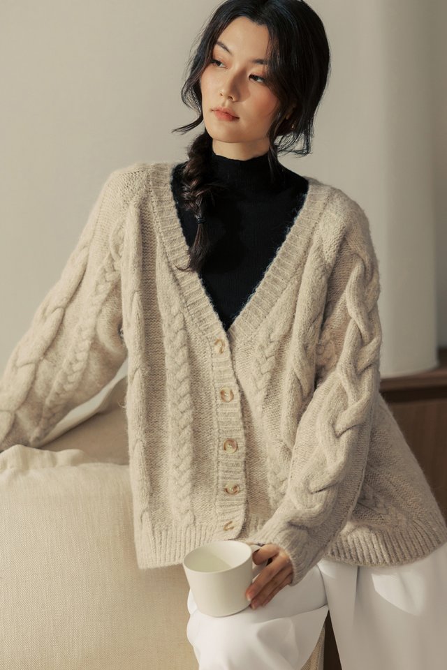 BRODIE WOOL KNIT CARDIGAN IN OAT