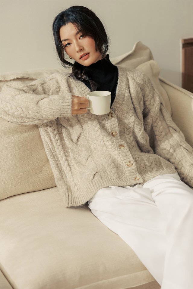 BRODIE WOOL KNIT CARDIGAN IN OAT