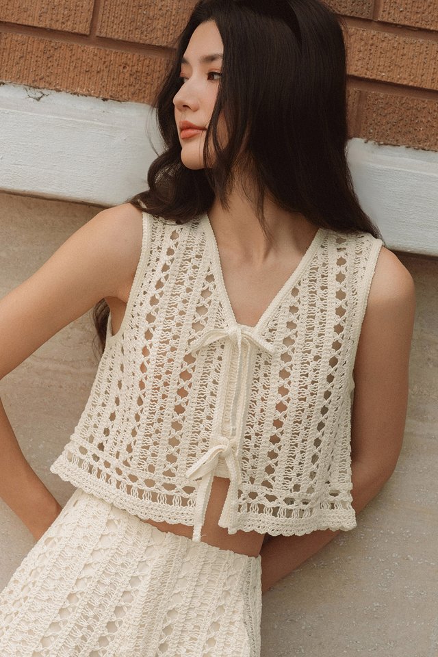 SONNY CROCHET KNIT TIE TOP IN MILK