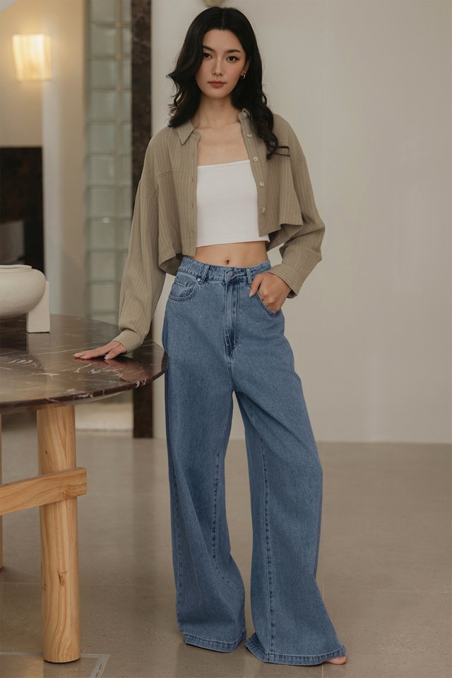 AKIRA LINEN STRIPE SHIRT IN MILK TEA