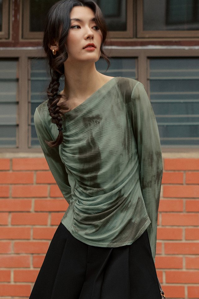LOGAN TIE-DYE TULLE TOP IN ARTICHOKE