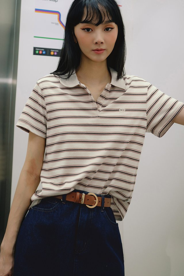 FINLEY STRIPE POLO TOP IN CREAM