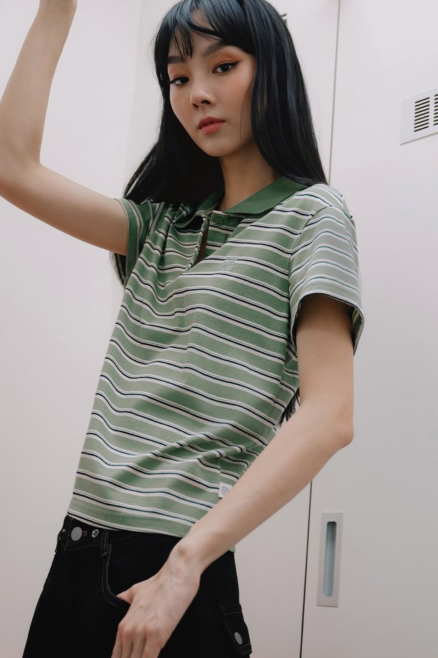 FINLEY STRIPE POLO TOP IN SAGE